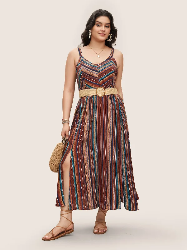 Feathered - Trimmed Casual Dresses for a Dramatic Look​ Striped Contrast Pocket Split Ruffle Hem Spaghetti Strap Dress