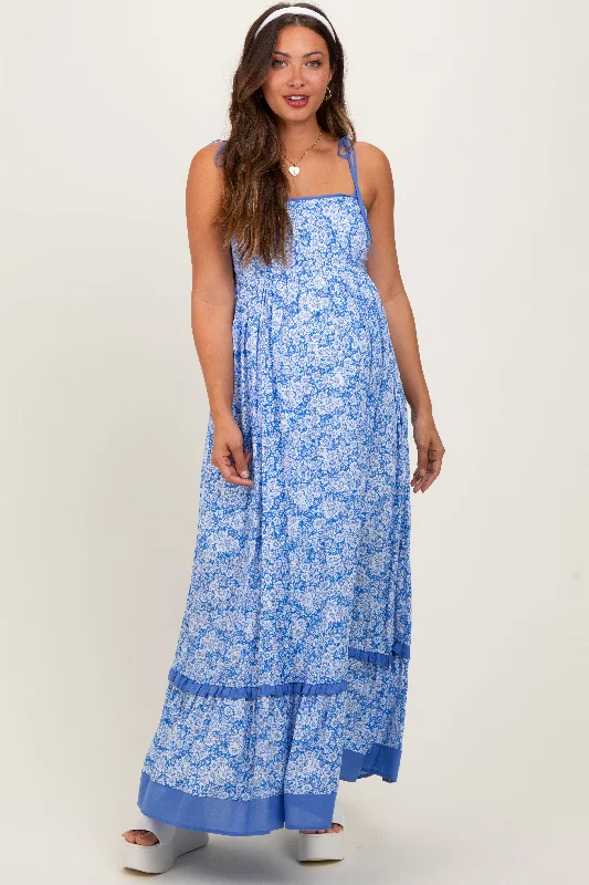 Belted Casual Dresses to Define the Waist Blue Floral Shoulder Tie Maternity Maxi Dress Belted Casual Dresses to Define the Waist Blue Floral Shoulder Tie Maternity Maxi Dress