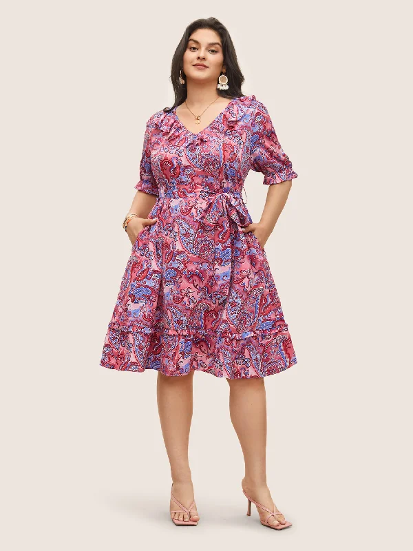 DIY - Inspired Casual Dresses with Customizable Elements​ Paisley Print Belted Ruffle Trim Dress