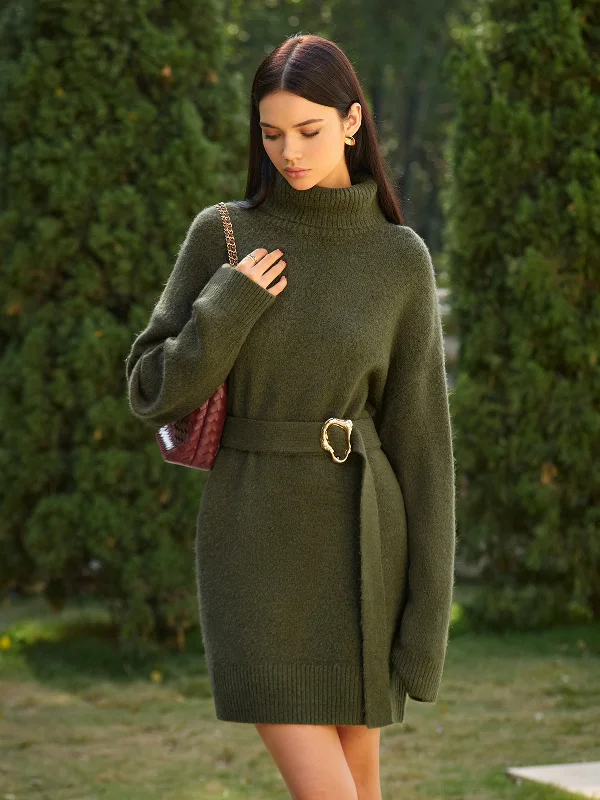Argyle - Printed Casual Dresses in Pastel Hues​ Turtleneck Sweater Short Dress With Belt