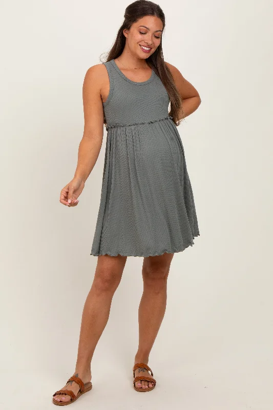 Sequined Casual Dresses for Special Occasions Olive Ribbed Sleeveless Lettuce Trim Maternity Mini Dress Sequined Casual Dresses for Special Occasions Olive Ribbed Sleeveless Lettuce Trim Maternity Mini Dress