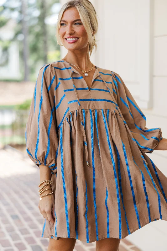 Faux Fur - Lined Casual Dresses for Winter Warmth​ On My Heart Mocha Brown Striped Babydoll Dress