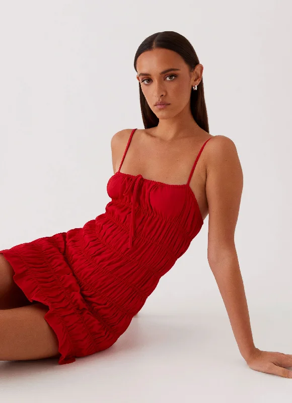 Embroidered Casual Dresses with Intricate Designs Part Timer Ruched Mini Dress - Red Embroidered Casual Dresses with Intricate Designs Part Timer Ruched Mini Dress - Red