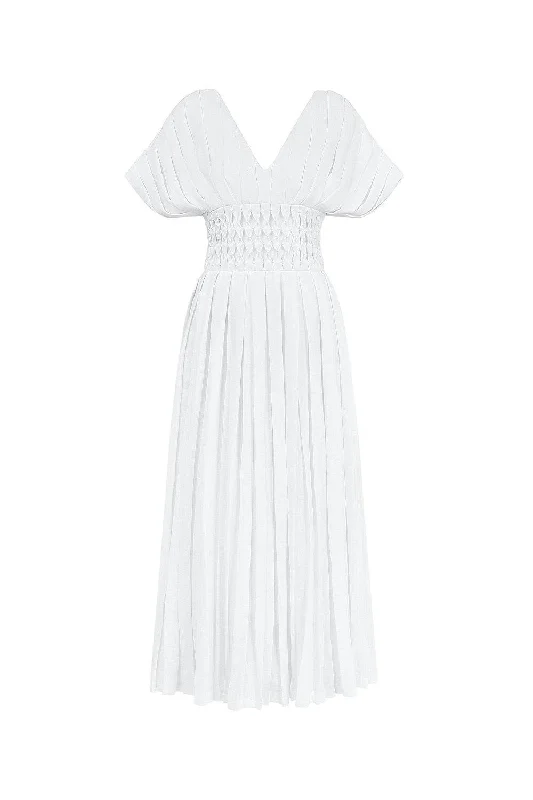 Brunch - Suitable Casual Dresses for a Relaxed Gathering Eira Pleated V-Neck Linen Ankle Length Dress Brunch - Suitable Casual Dresses for a Relaxed Gathering Eira Pleated V-Neck Linen Ankle Length Dress