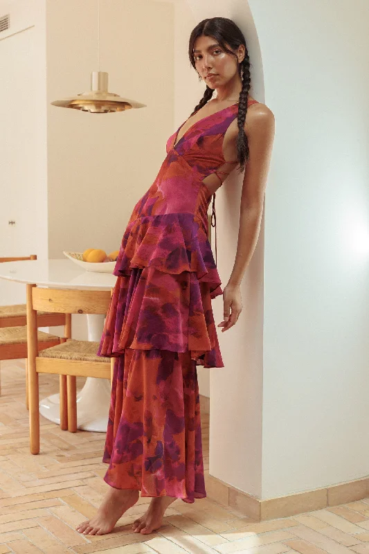 Neon - Colored Casual Dresses for a Trendy Look​ Veda Strappy Back Ruffle Midi Dress Dark Rose