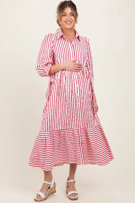 Jewelry - Complementary Casual Dresses for a Complete Look​ Red Striped Collar Maternity Maxi Dress