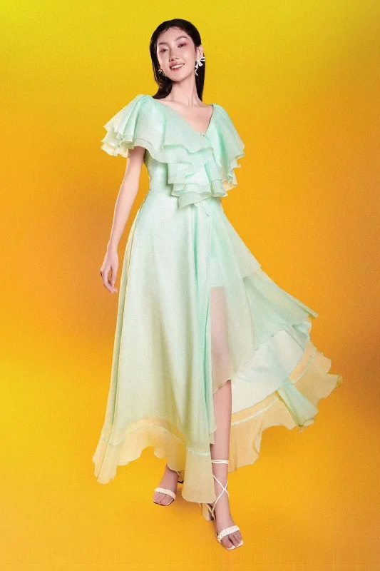 Floral Printed Casual Dresses for Summer Emili Asymmetric Ruffle Layer Foam Organza Ankle Length Dress Floral Printed Casual Dresses for Summer Emili Asymmetric Ruffle Layer Foam Organza Ankle Length Dress