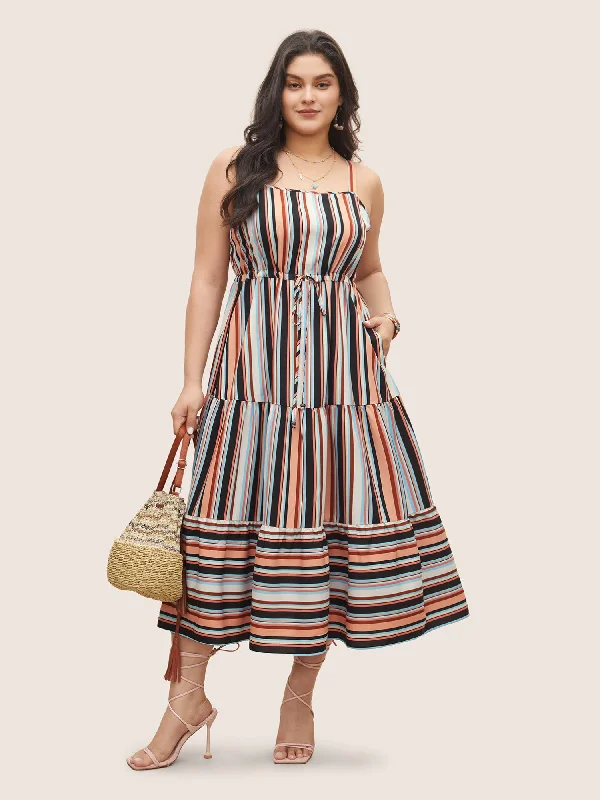 Detachable - Sleeve Casual Dresses for Versatility Color Striped Drawstring Ruffle Hem Dress Detachable - Sleeve Casual Dresses for Versatility Color Striped Drawstring Ruffle Hem Dress