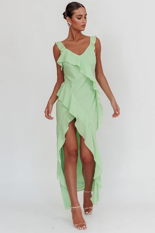 Summer - Appropriate Casual Dresses in Lightweight Materials Johannson Ruffle Trim Maxi Dress Pistachio Summer - Appropriate Casual Dresses in Lightweight Materials Johannson Ruffle Trim Maxi Dress Pistachio