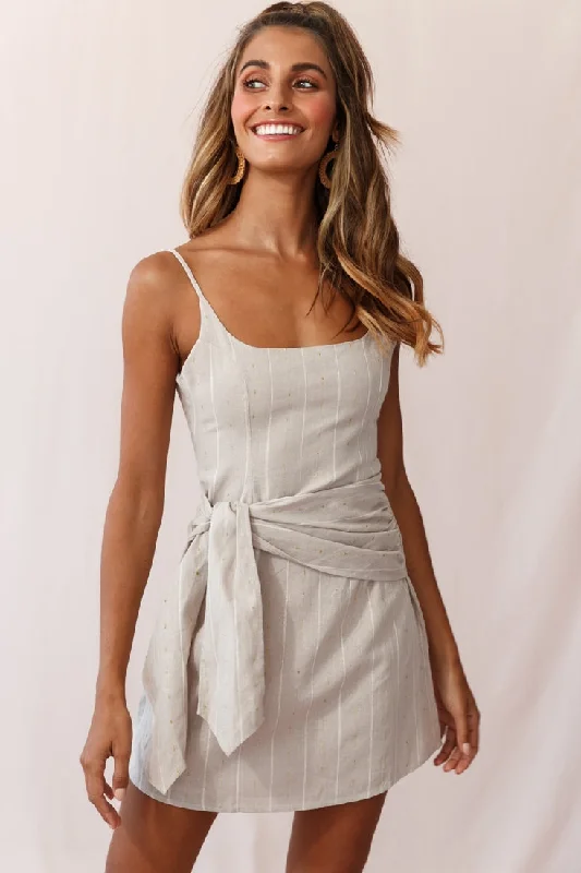 Metallic mini dresses for a glamorous event Echo Rounded Neckline Tied Sash Dress Pinstripe Stone