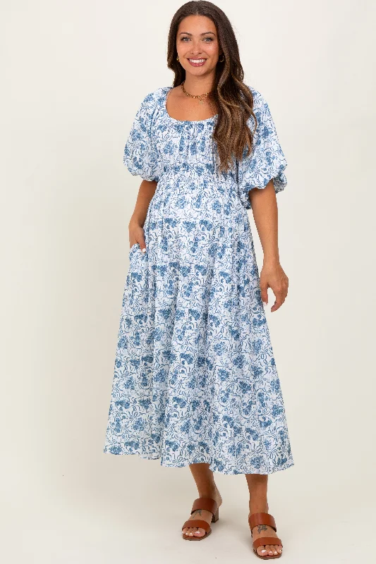 Long - Sleeve Casual Dresses in Lightweight Fabrics​ Blue Multi Printed Floral Maternity Maxi Dress