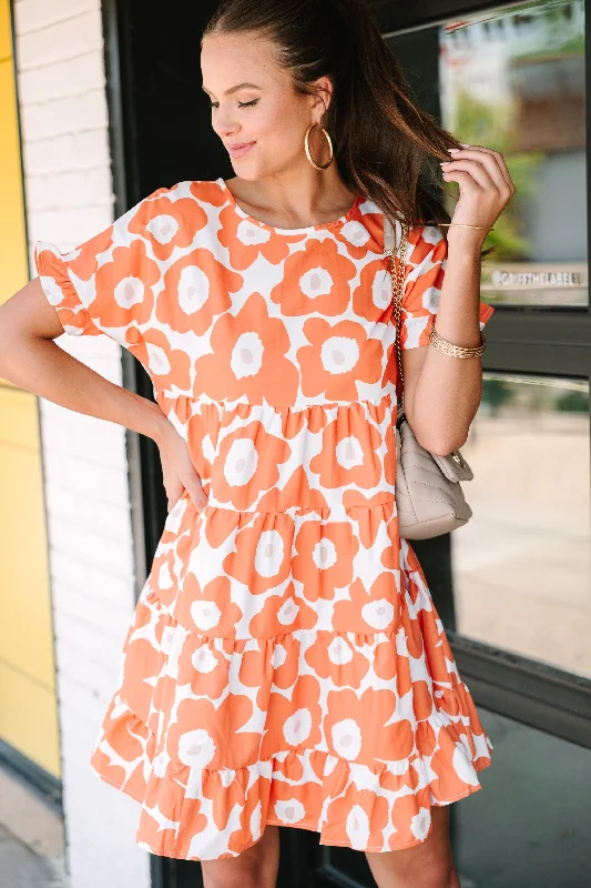 Embroidered Casual Dresses with Intricate Designs​ See You Now Orange Floral Babydoll Dress