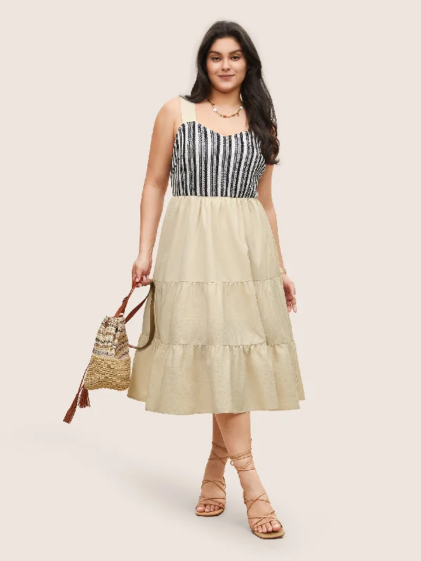 Linen Casual Dresses for Breathability​ Striped Patchwork Ruffle Layered Hem Dress