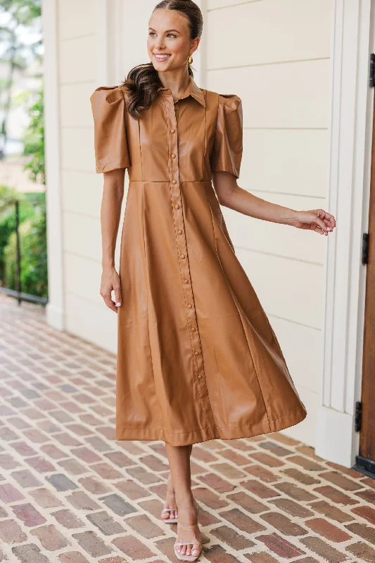 Linen Casual Dresses for Breathability​ Take It As It Is Camel Brown Faux Leather Midi Dress