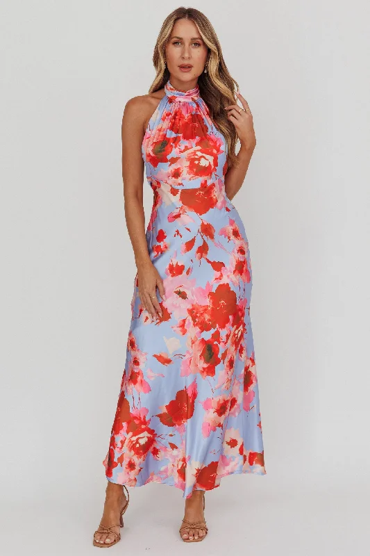 Boho Style Casual Dresses with Fringe Details Shana Halterneck Maxi Dress Roses Blue Boho Style Casual Dresses with Fringe Details Shana Halterneck Maxi Dress Roses Blue