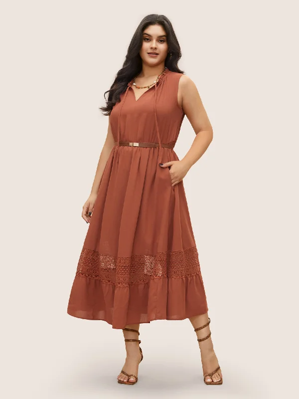 Animal - Print Casual Dresses for a Bold Statement​ Lace Panel Tie Neck Frill Trim Tank Dress