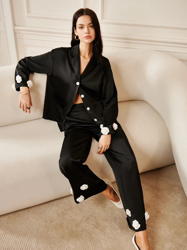 Satin Casual Dresses with a Shiny Finish​ Satin 3D Flower Pocket Shirt