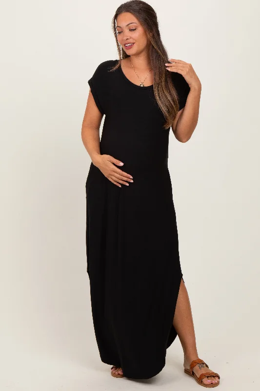 Summer - Appropriate Casual Dresses in Lightweight Materials Black Round Hem Side Slit Maternity Maxi Dress Summer - Appropriate Casual Dresses in Lightweight Materials Black Round Hem Side Slit Maternity Maxi Dress