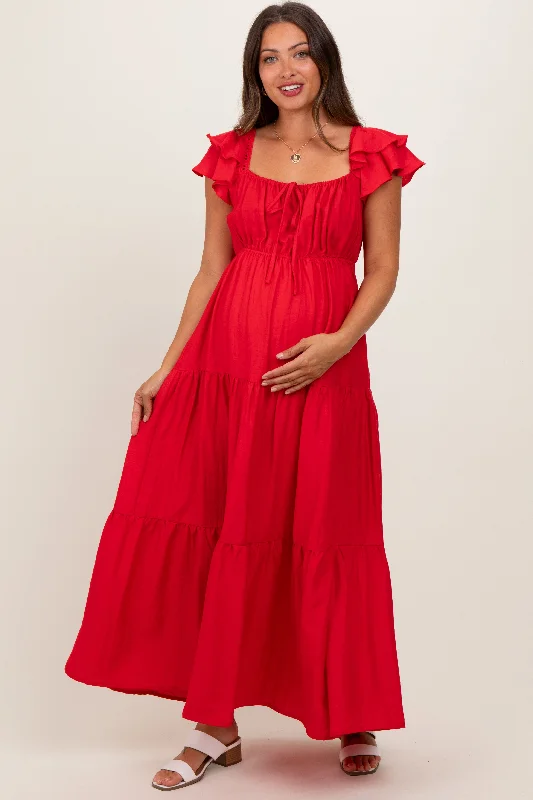 Neon - Colored Casual Dresses for a Trendy Look Red Layered Flutter Sleeve Tiered Maternity Maxi Dress Neon - Colored Casual Dresses for a Trendy Look Red Layered Flutter Sleeve Tiered Maternity Maxi Dress