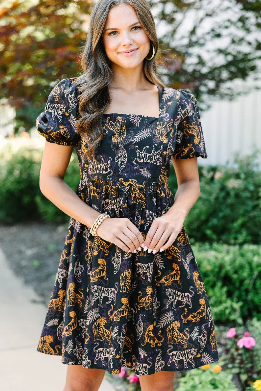 Spring - Season Casual Dresses in Fresh Colors​ Feeling Fierce Black Tiger Print Babydoll Dress
