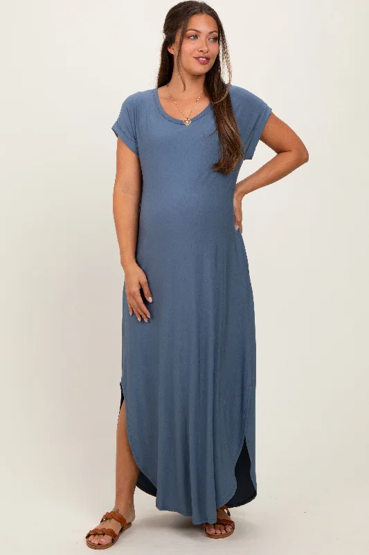 Concert - Wear Casual Dresses with a Fun Style Blue Round Hem Side Slit Maternity Maxi Dress Concert - Wear Casual Dresses with a Fun Style Blue Round Hem Side Slit Maternity Maxi Dress