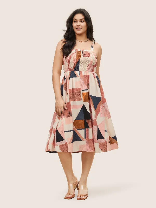Plus - Size Casual Dresses for a Comfortable Fit Geometric Colorblock Shirred Frill Trim Cami Dress Plus - Size Casual Dresses for a Comfortable Fit Geometric Colorblock Shirred Frill Trim Cami Dress