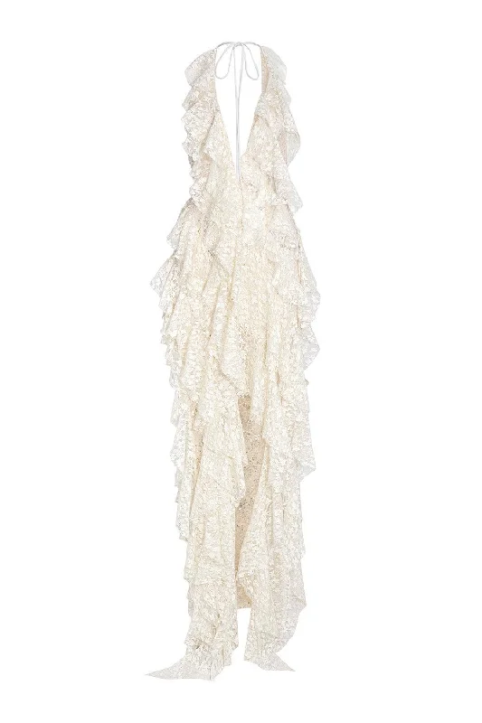 Abstract - Printed Casual Dresses for a Contemporary Vibe Berry Asymmetric Halter Neck Lace Maxi Dress Abstract - Printed Casual Dresses for a Contemporary Vibe Berry Asymmetric Halter Neck Lace Maxi Dress