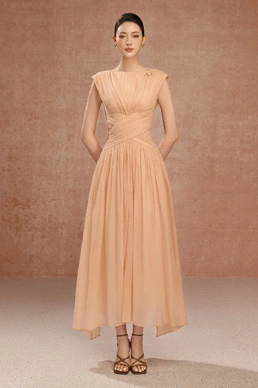 Leather - Look Casual Dresses for a Tough Style​ Sofia Gathered Boat Neck Pearl Foam Voile Ankle Length Dress