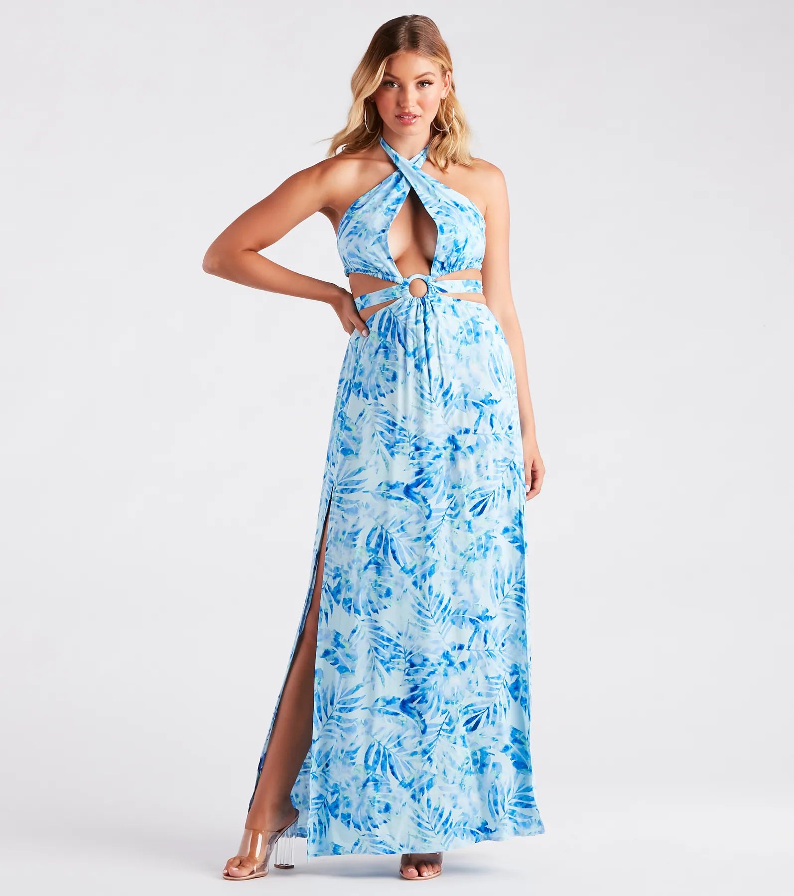 Boho Style Casual Dresses with Fringe Details​ Miami Mood Tropical Print Cutout Maxi Dress