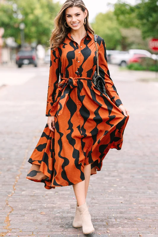 Long - Sleeve Casual Dresses in Lightweight Fabrics It's Your Time Brown Abstract Midi Dress Long - Sleeve Casual Dresses in Lightweight Fabrics It's Your Time Brown Abstract Midi Dress