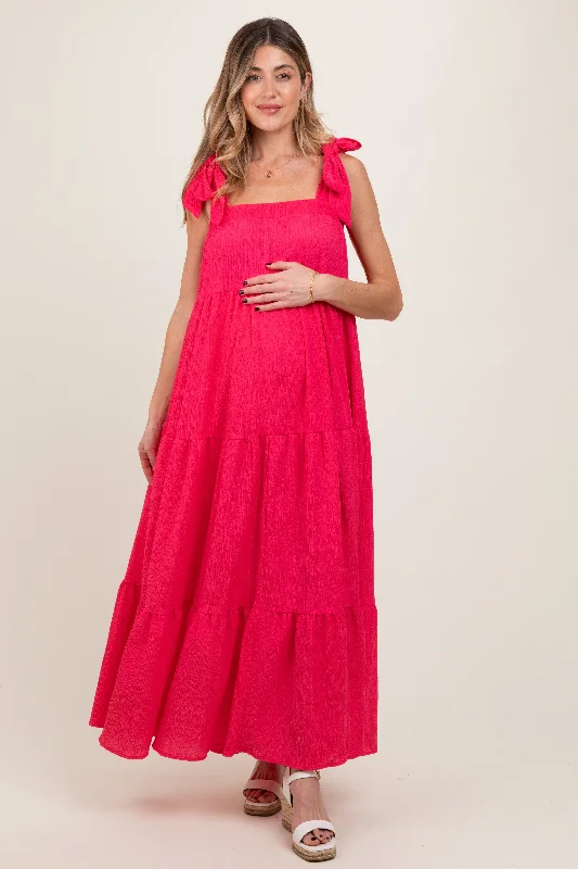 Winter - Warm Casual Dresses with Lined Fabrics​ Red Shoulder Tie Tiered Maternity Maxi Dress