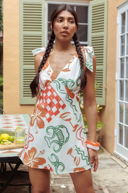 Work - from - Home Casual Dresses for Comfort and Style Mykonos Morning Tied Shoulder Mini Dress Print White Work - from - Home Casual Dresses for Comfort and Style Mykonos Morning Tied Shoulder Mini Dress Print White
