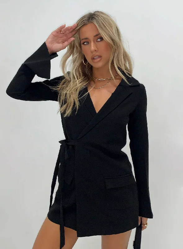 Sheer mini dresses with lace inserts Kyah Wrap Blazer Dress Black