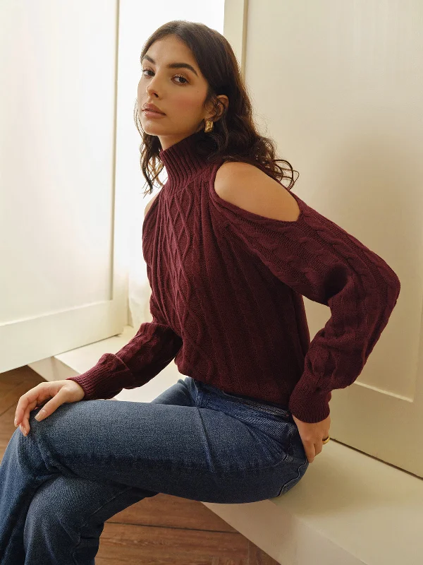 Picnic - Ready Casual Dresses in Bright Colors​ Mock Neck Cold-Shoulder Knit Top