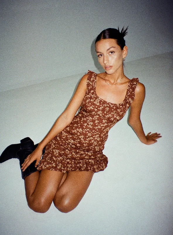 Denim mini dresses with distressed details Motel Felirose Dress Earthy Floral Brown