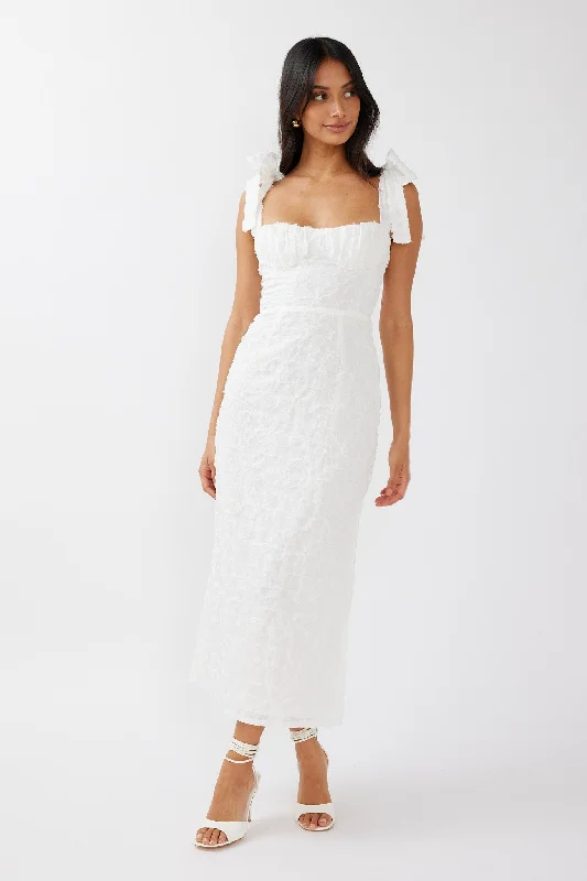 Toddler Casual Dresses in Soft Fabrics Cupid Tied Shoulder Embellished Midi Dress White Toddler Casual Dresses in Soft Fabrics Cupid Tied Shoulder Embellished Midi Dress White