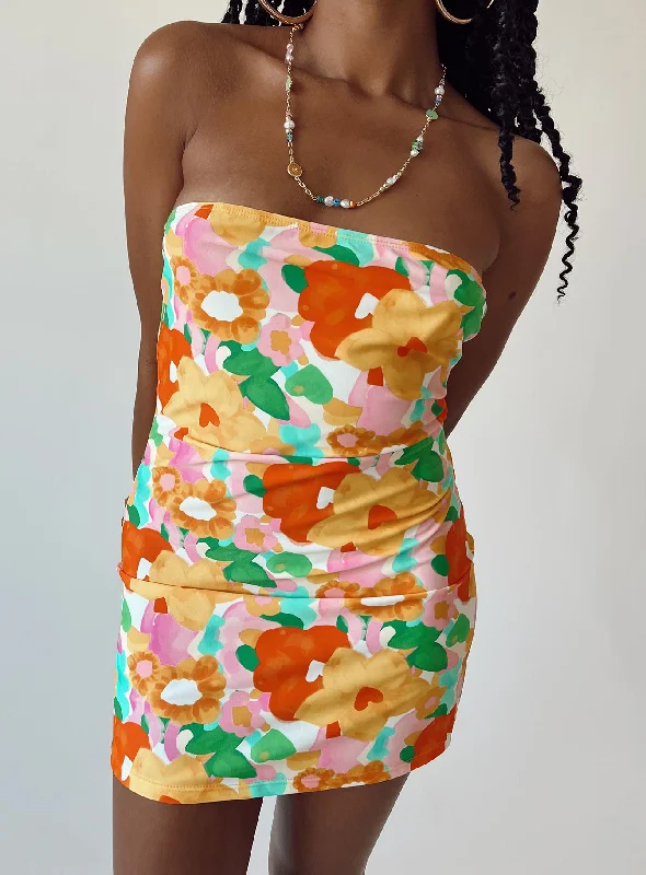 Leather mini dresses for a edgy style Paradise City Mini Dress Yellow Floral