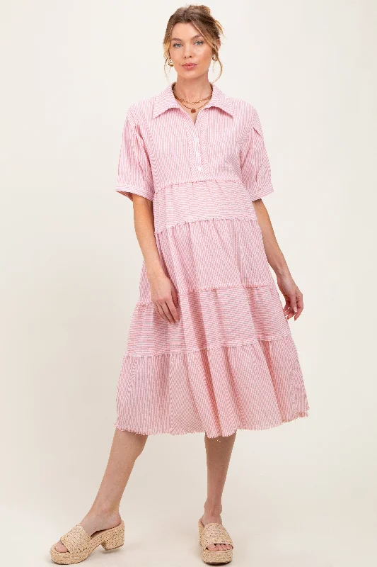Organic Cotton Casual Dresses for a Natural Choice Pink Striped Tiered Raw Hem Maternity Midi Dress Organic Cotton Casual Dresses for a Natural Choice Pink Striped Tiered Raw Hem Maternity Midi Dress