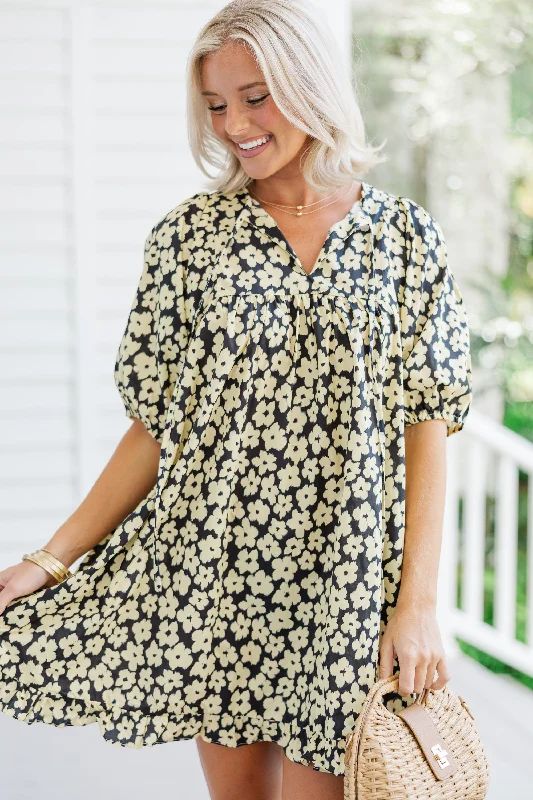 Drawstring - Waist Casual Dresses for Adjustable Tightness Be The One Black Floral Babydoll Dress Drawstring - Waist Casual Dresses for Adjustable Tightness Be The One Black Floral Babydoll Dress