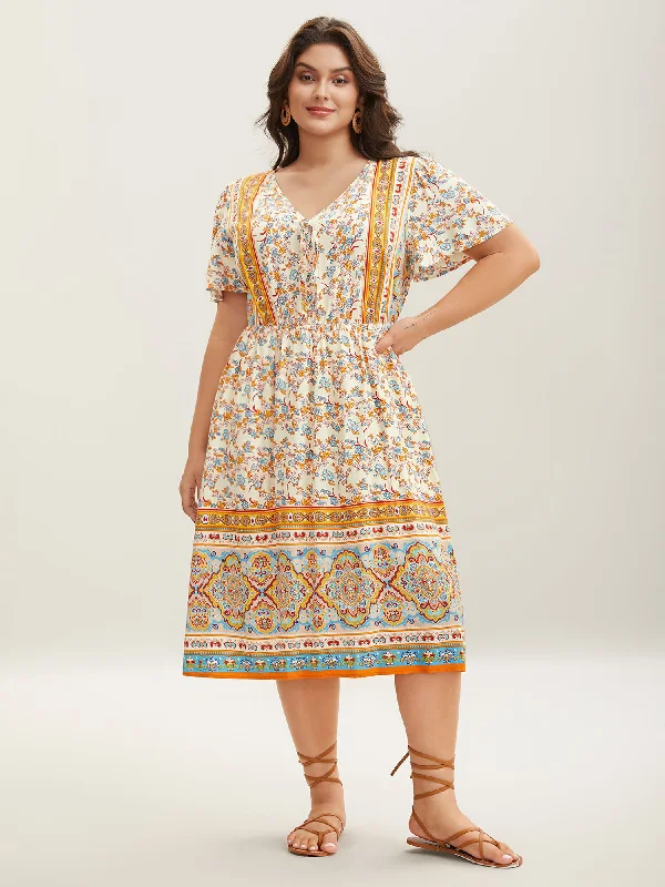 Party Casual Dresses for a Night Out​ Boho Print Adjustable Neck Ties Midi Dress