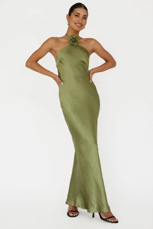 Leather - Look Casual Dresses for a Tough Style High Roller Flower Decoration Halter Dress Olive Leather - Look Casual Dresses for a Tough Style High Roller Flower Decoration Halter Dress Olive