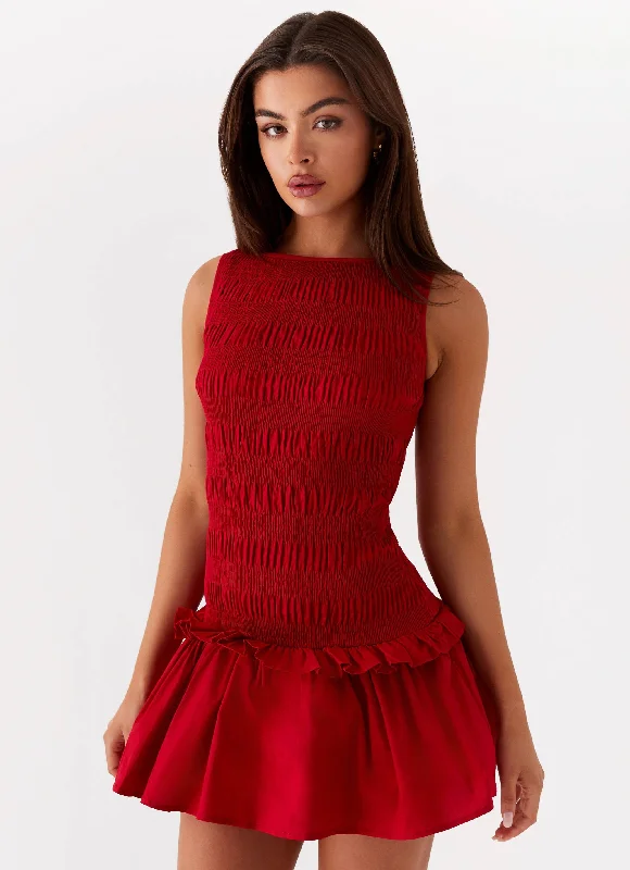 Tie - Dye Casual Dresses for a Retro Style​ Garden Kisses Shirred Mini Dress - Red