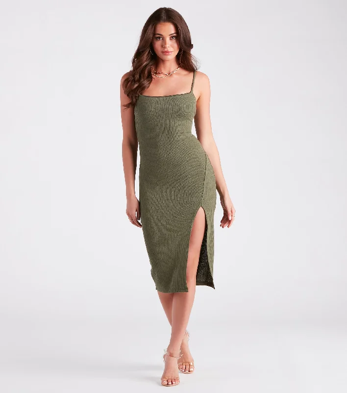 Zip - Front Casual Dresses for Easy On and Off​ Casual Stroll Rib Knit Midi Dress