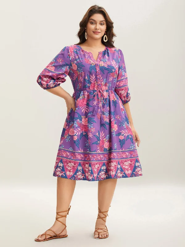 Boho Style Casual Dresses with Fringe Details​ Large Flower Print Split Neck Midi Dress
