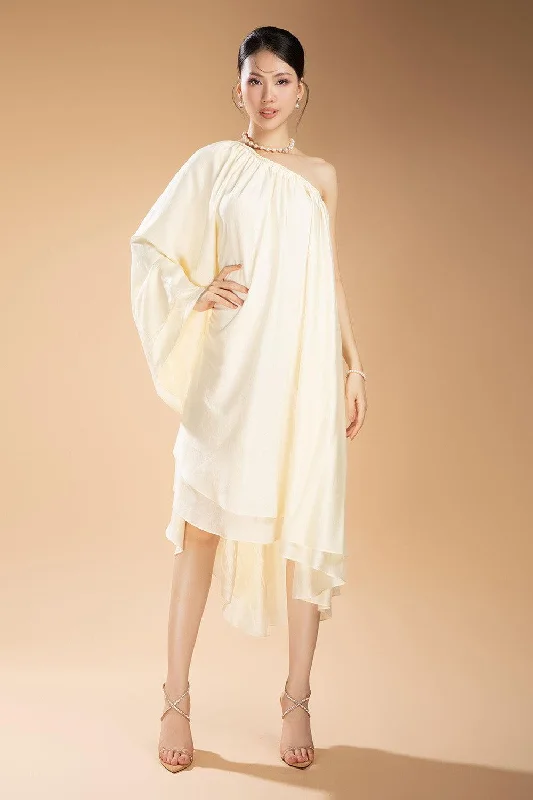 Fall - Style Casual Dresses with Earthy Tones Houston Asymmetric One Shoulder Silk Organza Midi Dress Fall - Style Casual Dresses with Earthy Tones Houston Asymmetric One Shoulder Silk Organza Midi Dress