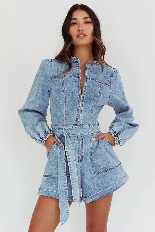 Dry - Clean - Only Casual Dresses for Delicate Fabrics Real World Zip Front Romper Denim Blue Dry - Clean - Only Casual Dresses for Delicate Fabrics Real World Zip Front Romper Denim Blue