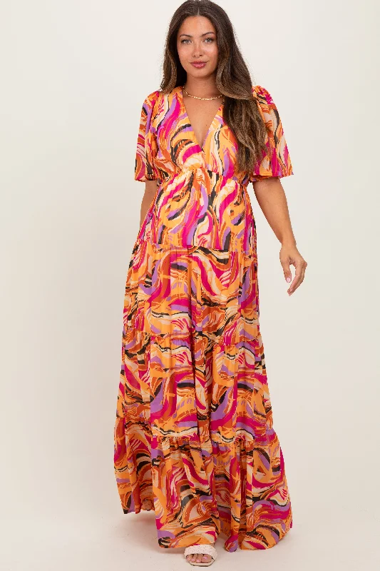 Washable Casual Dresses for Convenient Cleaning Magenta Brushstroke Print Tiered Maternity Maxi Dress Washable Casual Dresses for Convenient Cleaning Magenta Brushstroke Print Tiered Maternity Maxi Dress