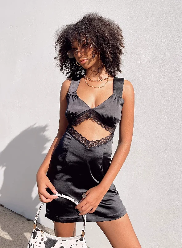 Denim mini dresses with distressed details Keeley Lace Satin Dress Black