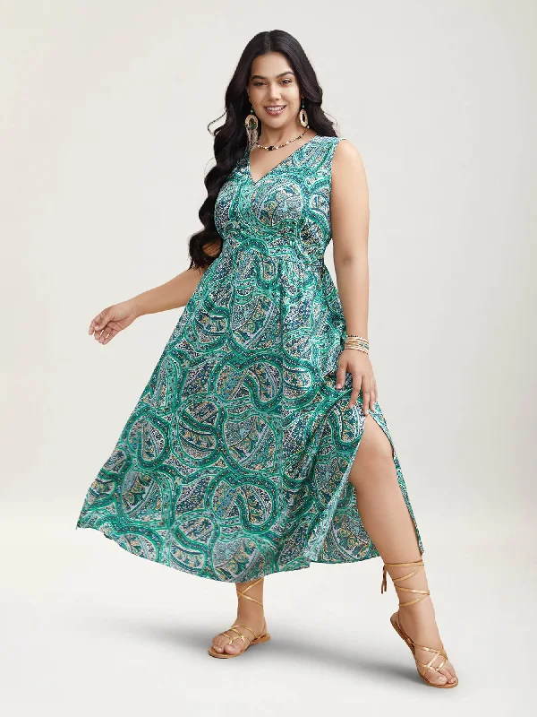 Outdoor Event Casual Dresses in Durable Fabrics Paisley Print Off-Sleeve V-Neck Midi Dress Outdoor Event Casual Dresses in Durable Fabrics Paisley Print Off-Sleeve V-Neck Midi Dress
