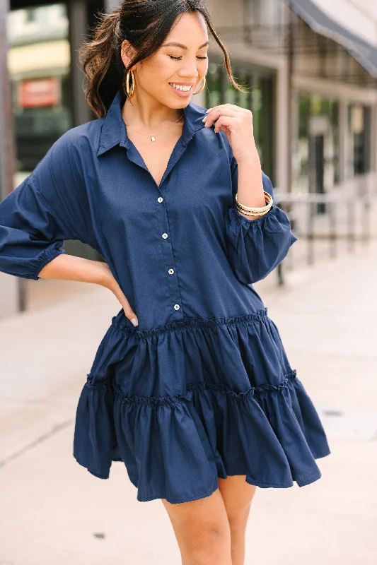 Denim - Patchwork Casual Dresses for a Unique Design Longing For You Navy Blue Tiered Babydoll Dress Denim - Patchwork Casual Dresses for a Unique Design Longing For You Navy Blue Tiered Babydoll Dress